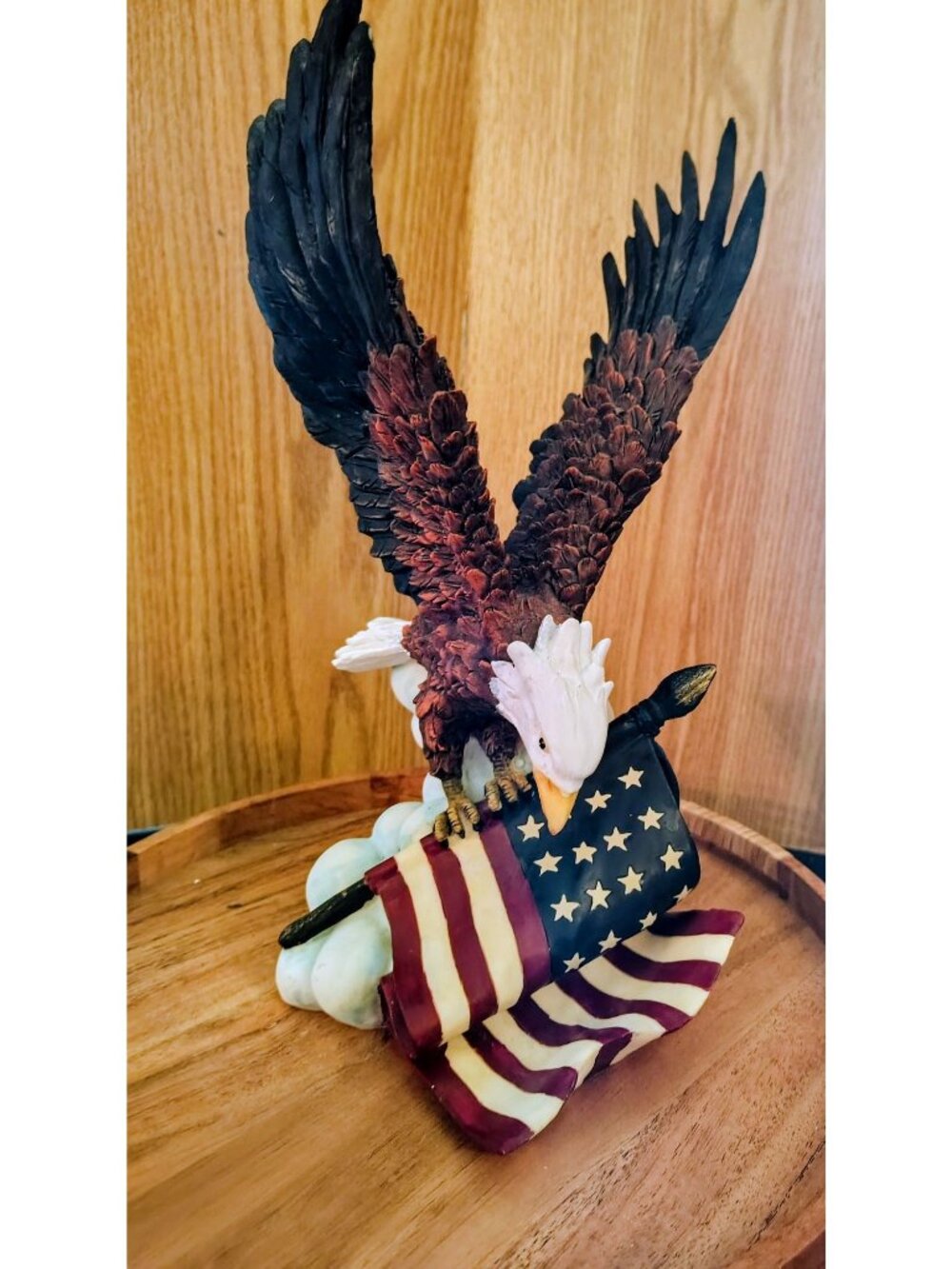 Majestic Bald Eagle Figurine Holding American Flag On Clouds Patriotic Decor